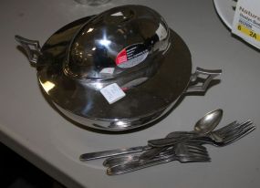 Stainless Steel Oral Bowl, Silverplate Flatware, and Royal Rogester Covered Tureen