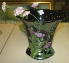 Large Black Painted Vase with 5 Porcelain Flowers