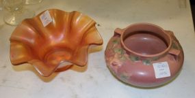 Roseville Vase Number 655-3 and Merigold Carnival Glass Fluted Bowl