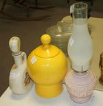 Pink Glass Lamp, Monticello Decanter, and Smiley Face Cookie Jar