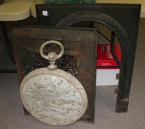 Decorative Carved Wood Piece in Shape of Clock and '89 Iron Victorian Fireplace Fireplace Inset