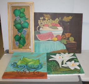Painting of Grapes on Board, Painting of Lilies signed, and Painting of Fruit on Table