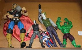 Comic Book Action Figures Thor, Bane, 2 Captain America, Joker, and Hulk.