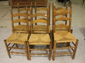 Set of 6 Oak Ladder Back Chairs Rush Seats (one chair has round posts, not like other 5), 40