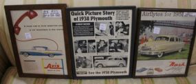 3 Framed Car Advertisements Nash Airflyte, Avis Rent a Car, 1938 Plymouth, 10