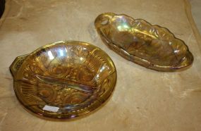 Carnival Glass bowl and divided dish