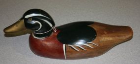 Wood Duck Hand carved Duck, Handpainted, Brass beak, neck has been repaired.
