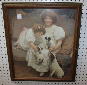 Print of 2 Girls with Puppies
