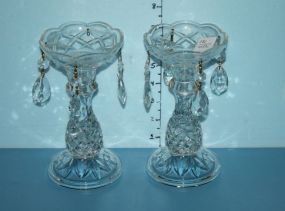 Pair of Glass Candlesticks and Bobeches with Prisms