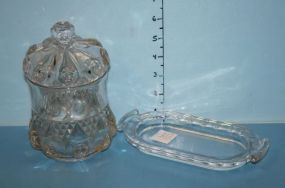 Base to Glass Butter Dish along with a Covered Press Glass Sugar