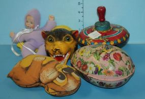 Vintage Tin Spinning Top, Tiger Hand Muppet, Musical Tin Egg and a China Face Doll