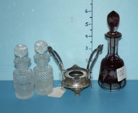Bohemian Glass Bottle, Two Pressed/Etched Bottles and a Miniature Victorian Silverplate Bottle Holder