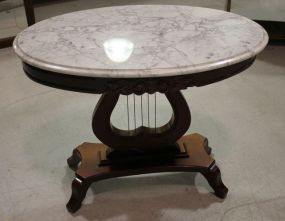 Mid 20th Century Mahogany Marble Top Lyre Base Parlor Table
