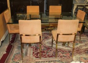Contemporary Brass Base Glass Top Table and Six Chairs