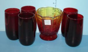 Set of Five Vintage Red Tumblers and Imperial Bowl