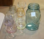 Seven Cordials and Dish Seven cordials, oval dish, and Ball Mason jar.