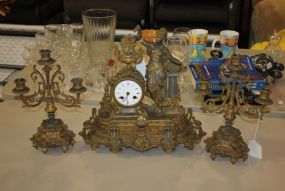 Large Spelter Figural 3 Piece Mantle Set. Victorian Spelter Figural clock with gold wash 15