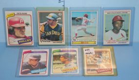 7 Superstar Baseball Cards Reggie Jackson, George Brett, Rod Carew, Lou Brock, Tom Seaver, Dave Winfield, Pete Rose.