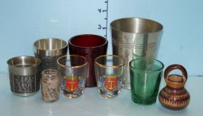 Miniature Water Jug, Green Shot Glass, Two Ludwigshapen Shot Glasses, Pewter Shot Glasses, and Red Shot Glasses