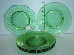Set of Four Green Depression Glass Plates and One Octagon Shaped Plate