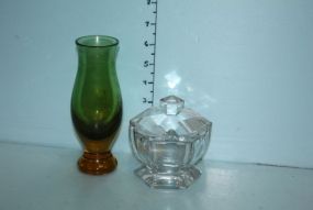 Green Vase with Amber Base and a Glass Octagon Shaped Sugar Bowl
