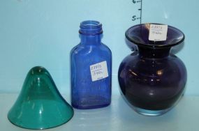 Small Purple Vase with Ground Bottom, a Smoke Blue Milk of Magnesia Bottle, and a Turquoise Bell