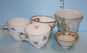 Christian Dior Limoge Cup, English Aderly Cup, Crown Staffordshire Cup, Bavarian Germany Demi-Tesse Cup, and a Regency Bone Cup
