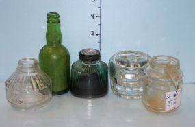 Ground Glass Inkwell, Inkwell, and Several Bottles