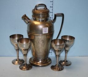 EPN's Hand Hammered Nickel Silver Pitcher and Four EPN's Goblets