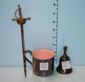 Sword Letter Opener, Silverplate Bell, and a Silverplate Cup
