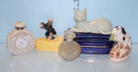 Octagon Shaped Porcelain Lenox Perfume Bottle, Pressed Glass Small Perfume Bottle, 1993 Hand Painted Figurine of Rabbit, Ceramic Mouse and Cheese Figurine, and a Reclining Cat Box