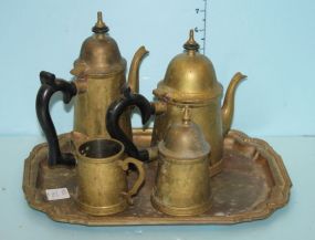 Vintage Brass Tray with Tea Pot, Coffee Pot, Sugar and Creamer, and Tray