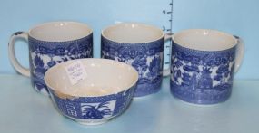 Blue Willow Rice Bowl and Three Blue Willow Cups