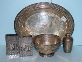 Two Silverplate Match/Toothpick Holder, a Hockett Silverplate Bowl, a Handbeaten International Silverplate Oval Dish, and a Small Napier Silverplate Measuring Cup