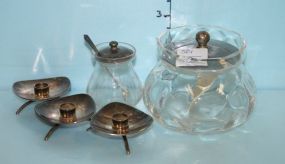 Three Mini Denmark Silver Candlesticks, a Clear Crystal Covered Dish, and a Mini Condiment with Spoon