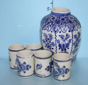 Set of Five Blue Delft Shot Glasses and a Small Blue Delft Vase