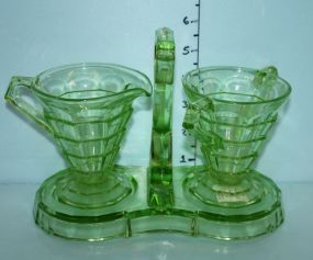 Three Pieces of Green Depression Glass Including a Stand, a Creamer, and a Sugar