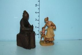 Wood Figurine of Woman with Churn and a Lady with Young Boy