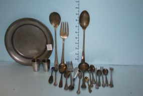Four Bavaria Jiggers, Three Silverplate Serving Pieces, a Pewter Plate, and a Bag of Various Silverplate