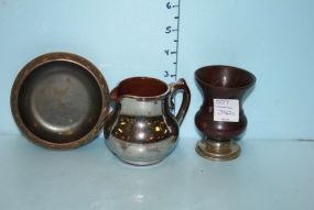 Sterling Base Liquor Cup, L.E. Mason Company Ashtray, and a Pottery Pitcher