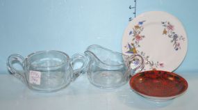 Etched Glass Creamer and Sugar and Three Chinese Dishes