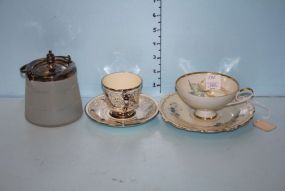 China Demi-Tesse Cup, Bavarian Cup and Saucer, and a Frosted Glass Covered Jar
