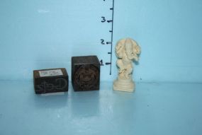 Two Small Word Block Stamps and a Resin Figurine
