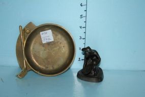 Brass Dish with Golf Club and a Bronze Figure of a Man Panning for Gold