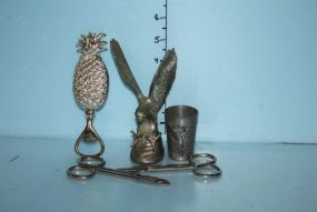 Pineapple Bottle Opener, Shot Glass, Two Scissors, and a Silverplate Eagle