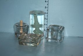 Three Glass Inkwells and a Liberty Centennial Paperweight