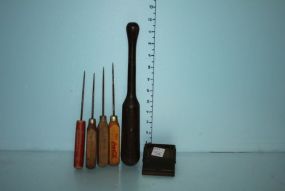Wood Rolling Pin, Four Vintage Ice Picks, and a Brass Clip