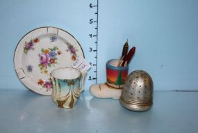 Miniature Cup, Porcelain Ashtray, Tea Bag Holder, and a Small Pottery Boot