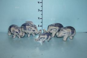 Set of Five Blue and White Asian Elephants