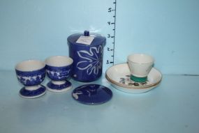 Two Blue and White Sake Cups, Two Small Dishes, Small Covered Jar, Lid, and a Sake Cup
